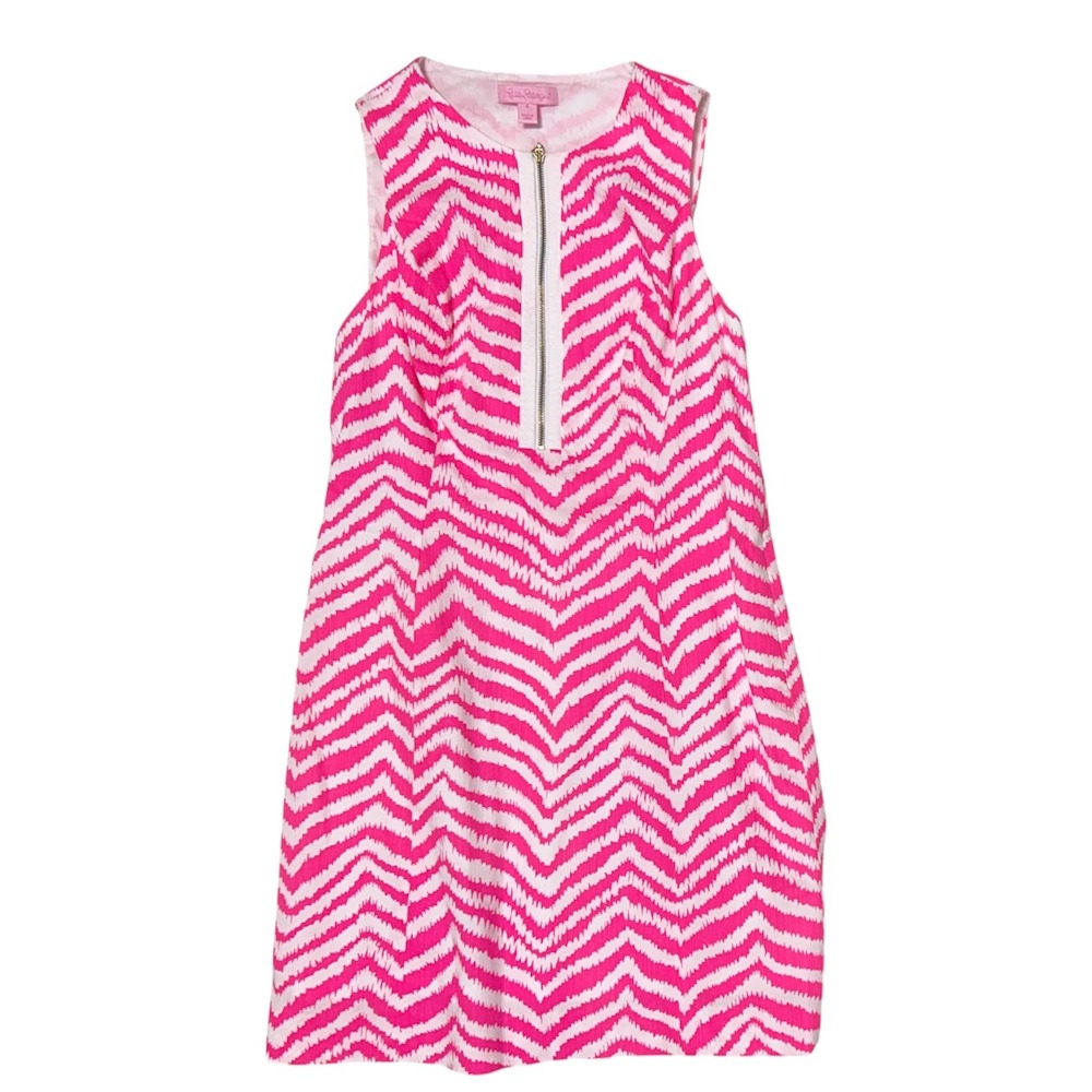Lilly Pulitzer Sleeveless Shift Dress Pink White Chevron Zig Zag Zip Front Sz 4